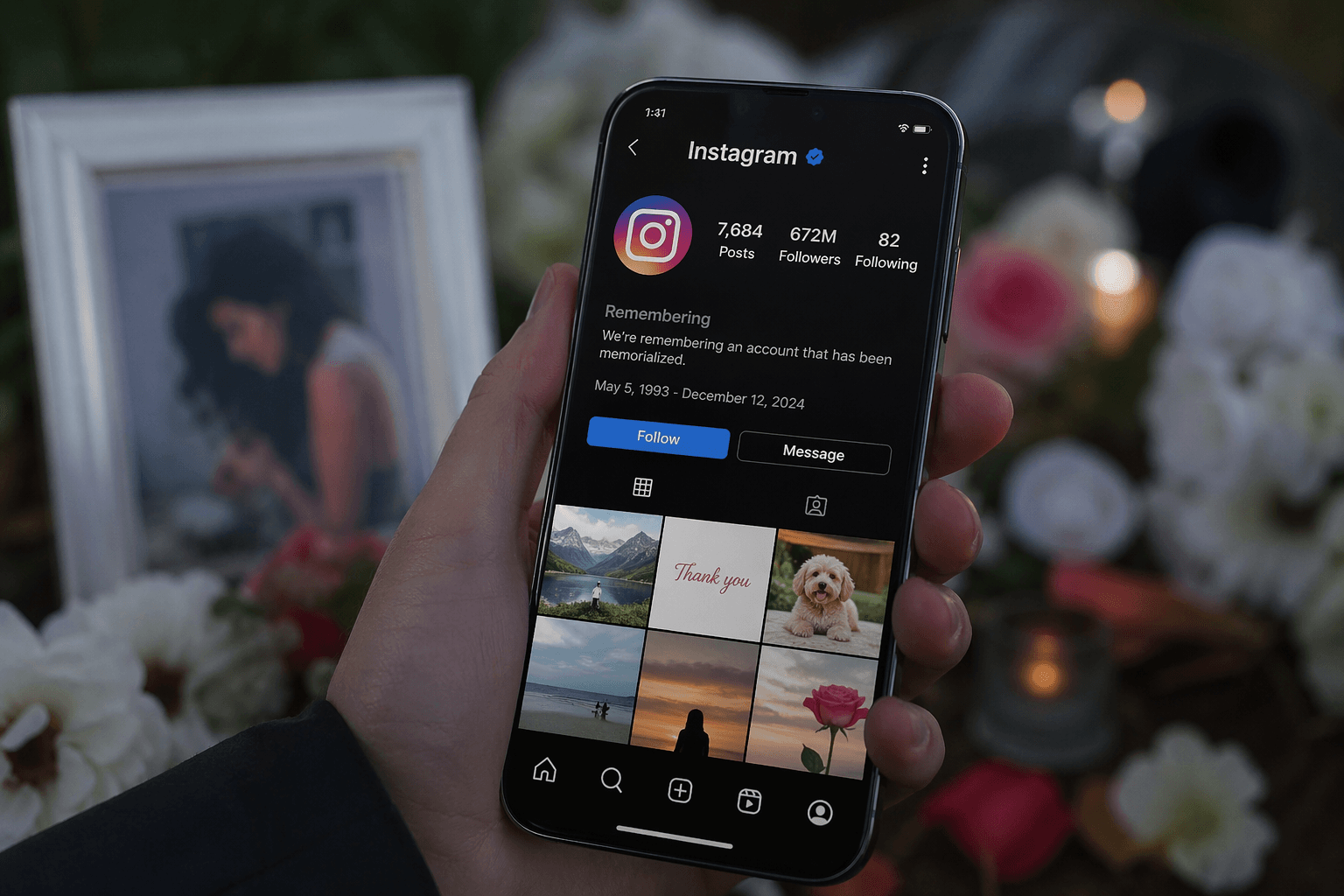 Phone showing a memorialized Instagram account surrounded by flowers — what happens to your Instagram after death